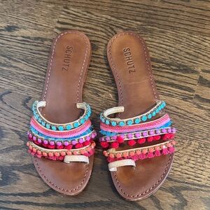 SCHUTZ Colorful Pom Pom Sandals